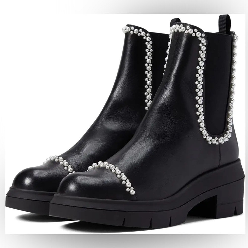 Stuart Weitzman Norah Black Leather Bootie Demipearl Pearl Embellishment 4.5